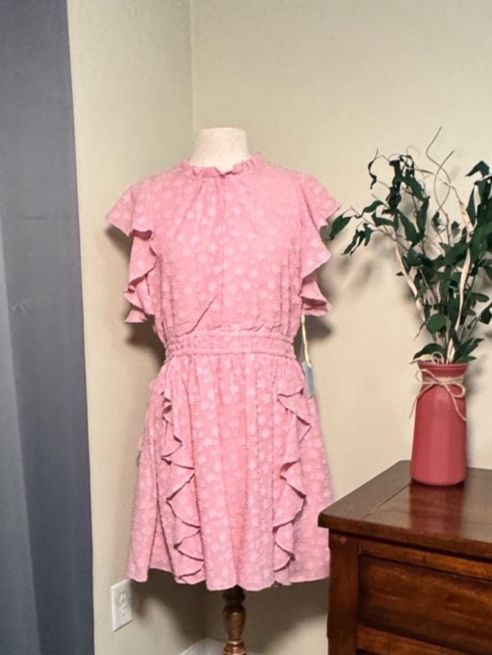CeCe Pink Floral Ruffle Sleeve Dress NWT
